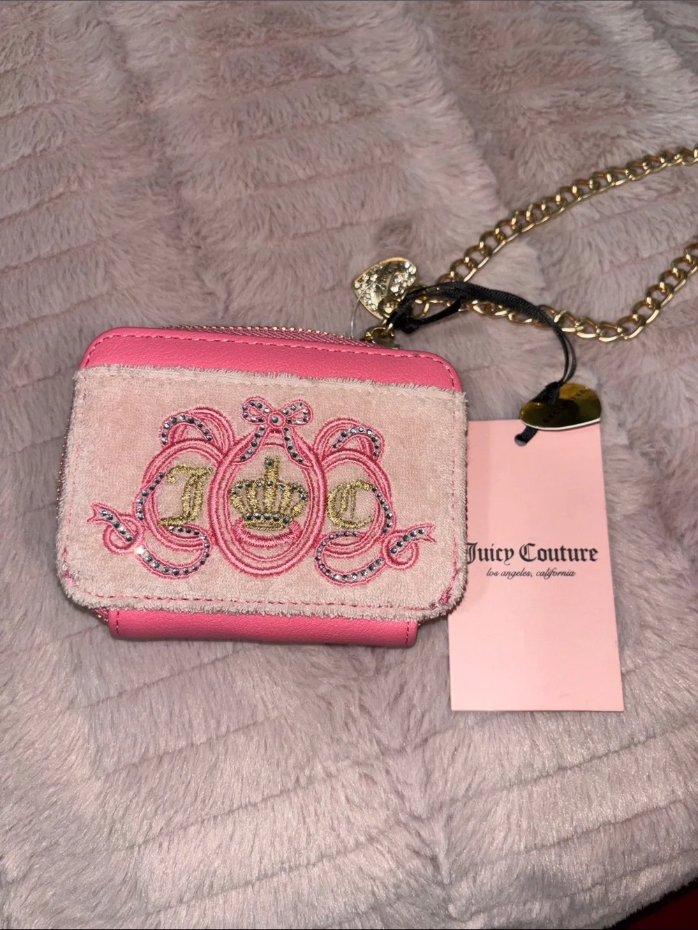 Juicy Couture Pink Mini Embroidered Crest Wallet with Gold Hardware